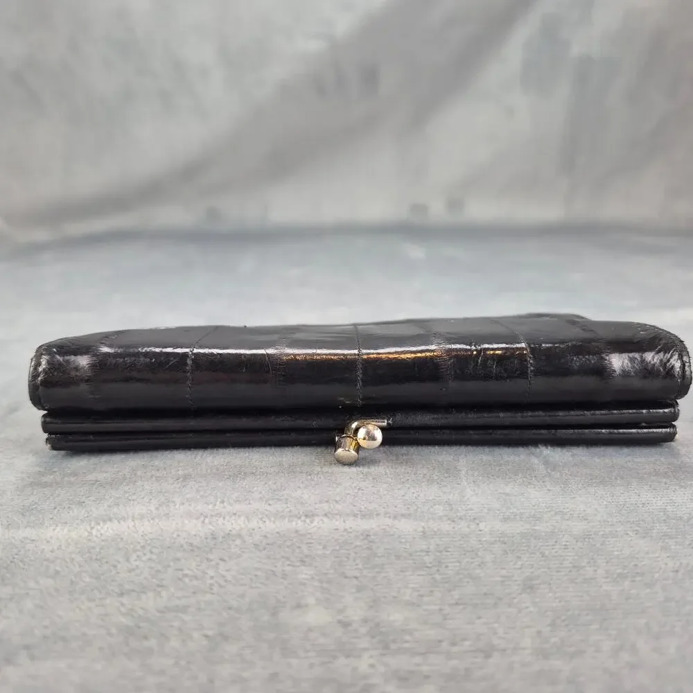 Vintage Eel Skin Leather Kiss Closure Lock Black Bi-Fold Wallet Coin Purse